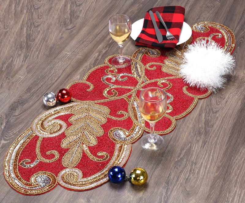 Light & Pro Lightnpro Christmas Beaded Table Runner 13x36 Inch - Maroon Gold Fancy Scrolled Design - Rustic Farmhouse Handmade Needle Work Holiday Table Centerpiece for Thanksgiving, Dining Room & Every DÃ©cor - Image 4